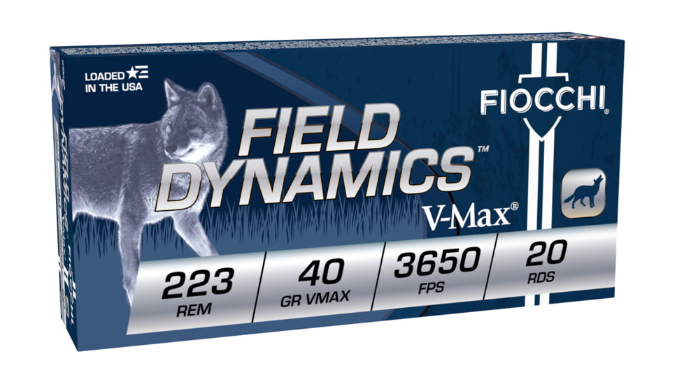 Fiocchi Field Dynamics .223 Rem 40 Grain V-Max Brass Rifle Ammo, 3650 Velocity, 20 Rounds, 223HVB20