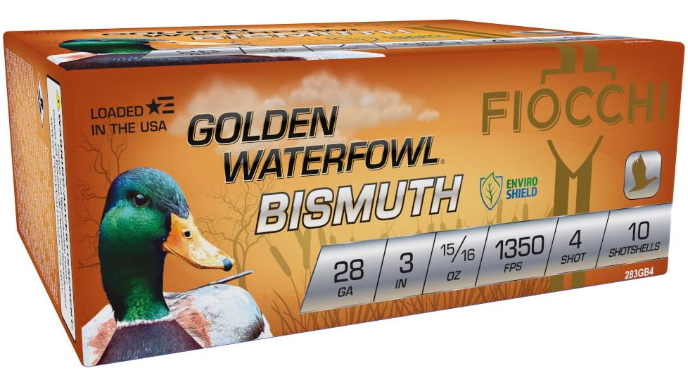 Fiocchi Golden Bismuth 28 Gauge 15/16oz 3in 4 Shot Shotgun Ammo, 10 Rounds, 283GB4