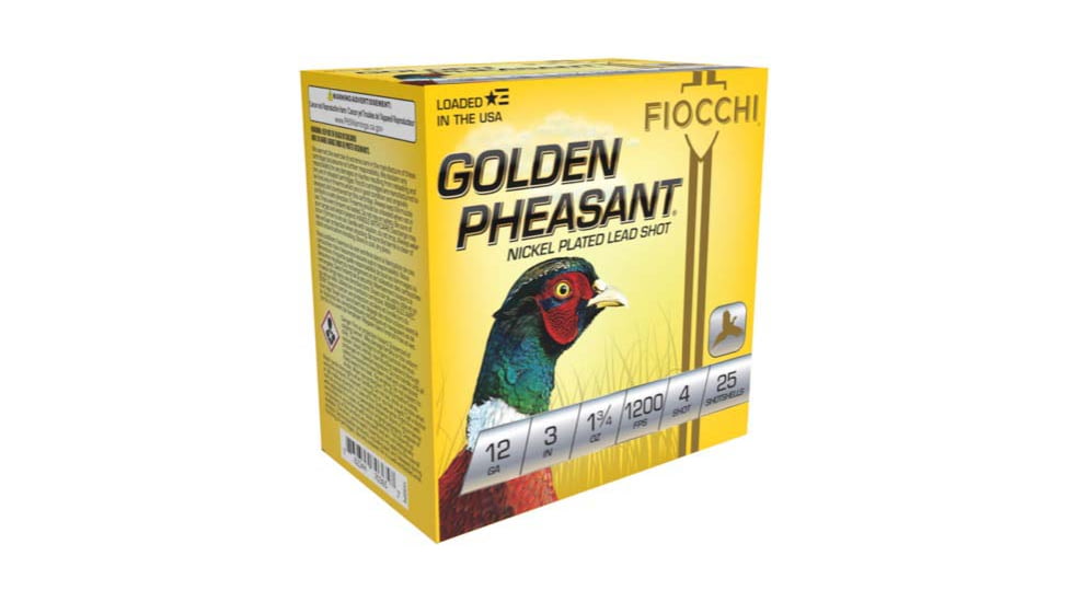 Fiocchi Golden Pheasant Nickel Plated 12 Gauge 1 3/4oz 3in Shotgun Ammo, 4 Shot, 25 Rounds, 123GP4