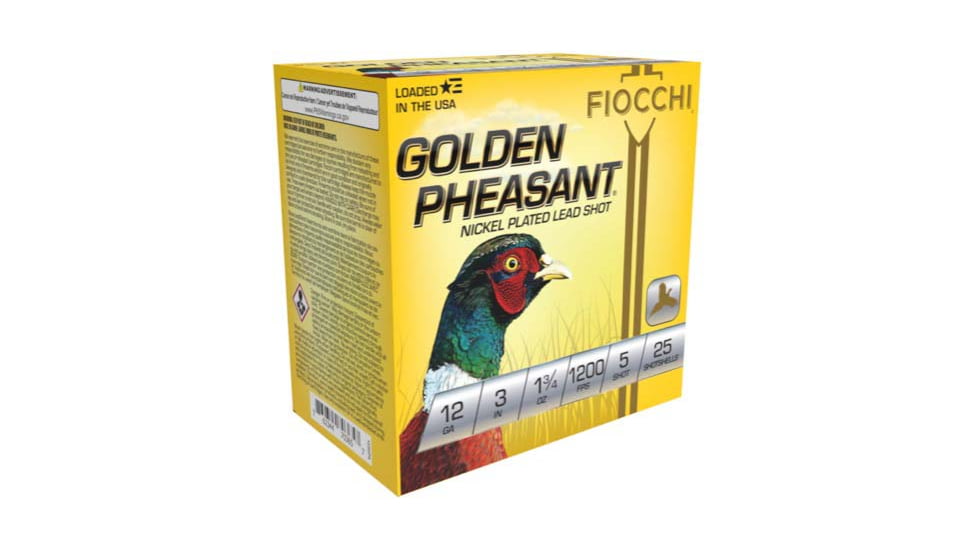 Fiocchi Golden Pheasant Nickel Plated 12 Gauge 1 3/4oz 3in Shotgun Ammo, 5 Shot, 25 Rounds, 123GP5