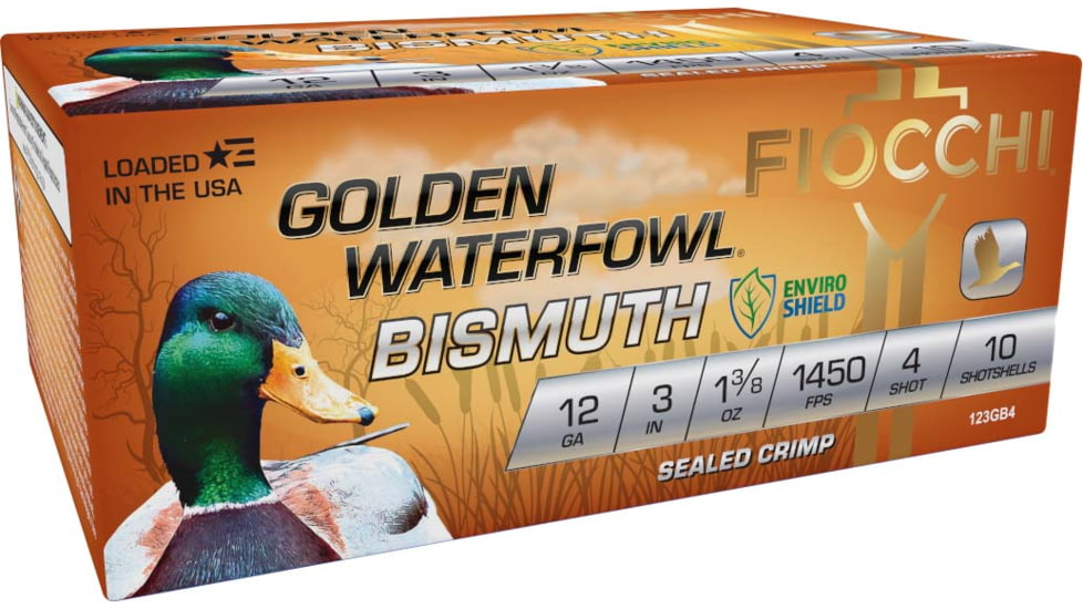 Fiocchi Golden Waterfowl Bismuth 12 Gauge 1 3/8 oz 3in Shotgun Ammo, 4 Shot, 10 Rounds, 123GB4