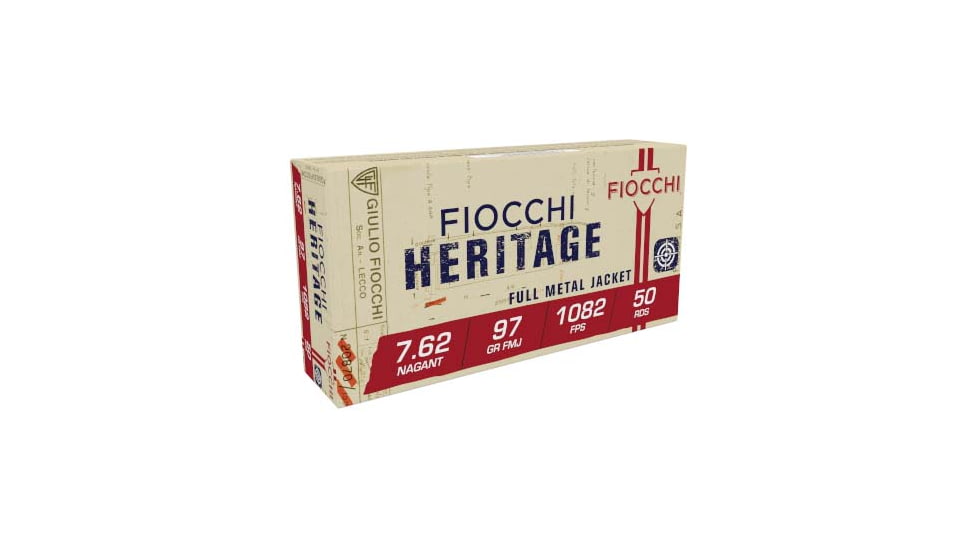 Fiocchi Heritage 7.62 Nagant 97 Grain FMJ Brass Centerfire Rifle Ammo, 50 Rounds, 762A
