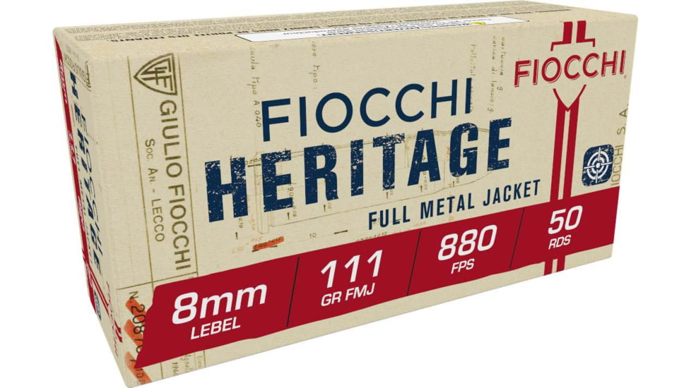 Fiocchi Heritage 8x27mmR Lebel 111 Grain Full Metal Jacket Brass Pistol Ammo, 50 Rounds, 8L