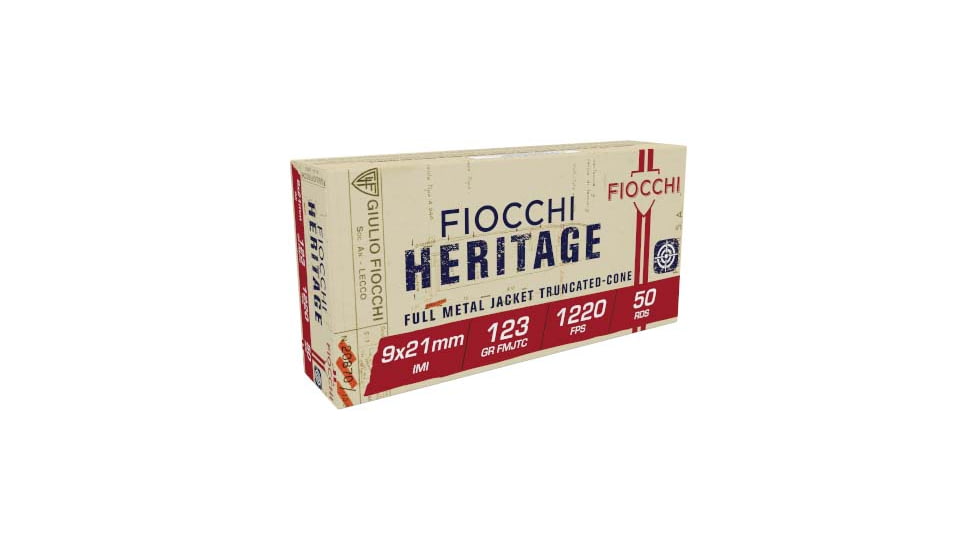 Fiocchi Heritage 9x21 IMI 123 Grain FMJTC Brass Case Pistol Ammo, 50 Rounds, 9X21