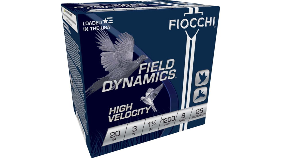 Fiocchi Hi Velocity Lead 20 Guage 1 1/4oz 3in 8 Shot Shotgun Ammo, 25 Rounds, 203HV8