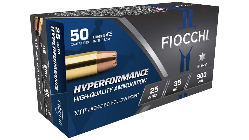 Fiocchi Hyperformance Defense .25 ACP 35 Grain JHP Brass Cased Pistol Ammo, 50 Rounds, 25XTP