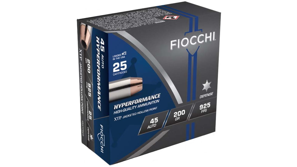 Fiocchi Hyperformance Defense .45 ACP 200 Grain JHP Brass Cased Pistol Ammo, 25 Rounds, 45XTPB25