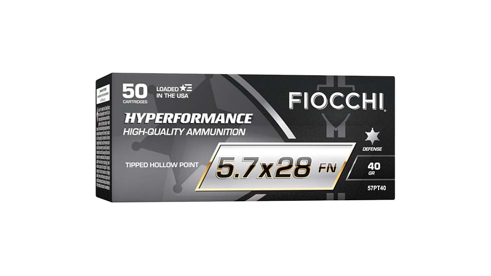 Fiocchi Hyperformance Defense 5.7x28mm 40 Grain Tipped Hollow Point Brass Cased Pistol Ammo, 50 Rounds, 57PT40