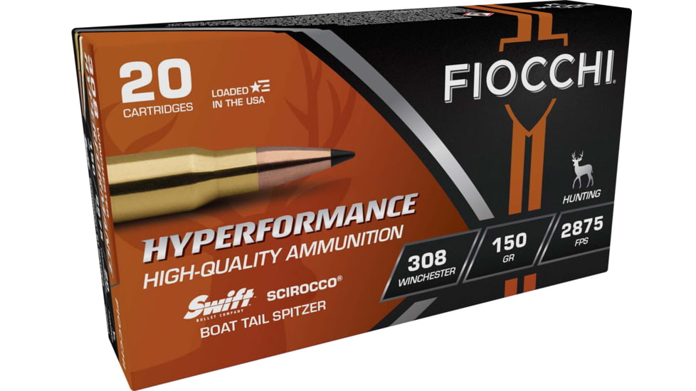 Fiocchi Hyperformance Hunt .308 Winchester 150 Grain Scirocco Brass Rifle Ammo, 20 Rounds, 308SCA