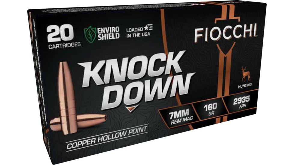 Fiocchi Knock Down 7mm Remington Magnum 160 Grain HP Brass Rifle Ammo, 20 Rounds, 7RMCHA