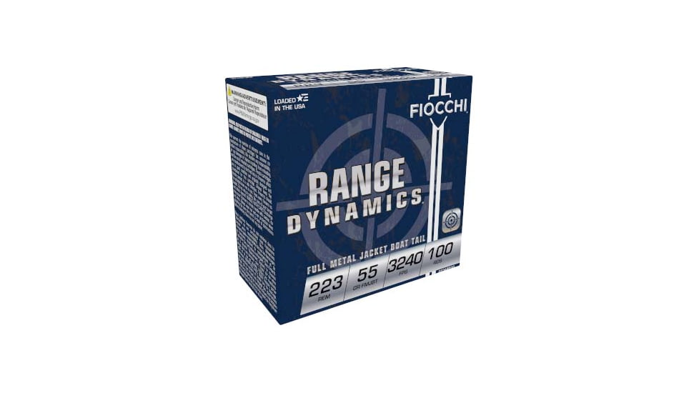 Fiocchi Range Dynamics 223 Remington 55 Grain FMJBT Brass Rifle Ammo, 100 Rounds, 223ARD10