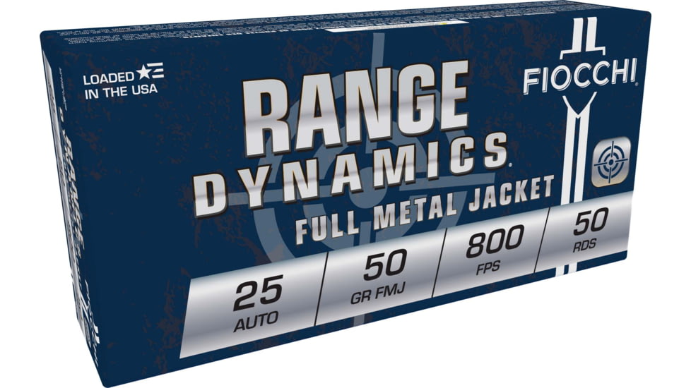 Fiocchi Range Dynamics 25 Auto 50 Grain FMJ Brass Pistol Ammo, 50 Rounds, 25AP