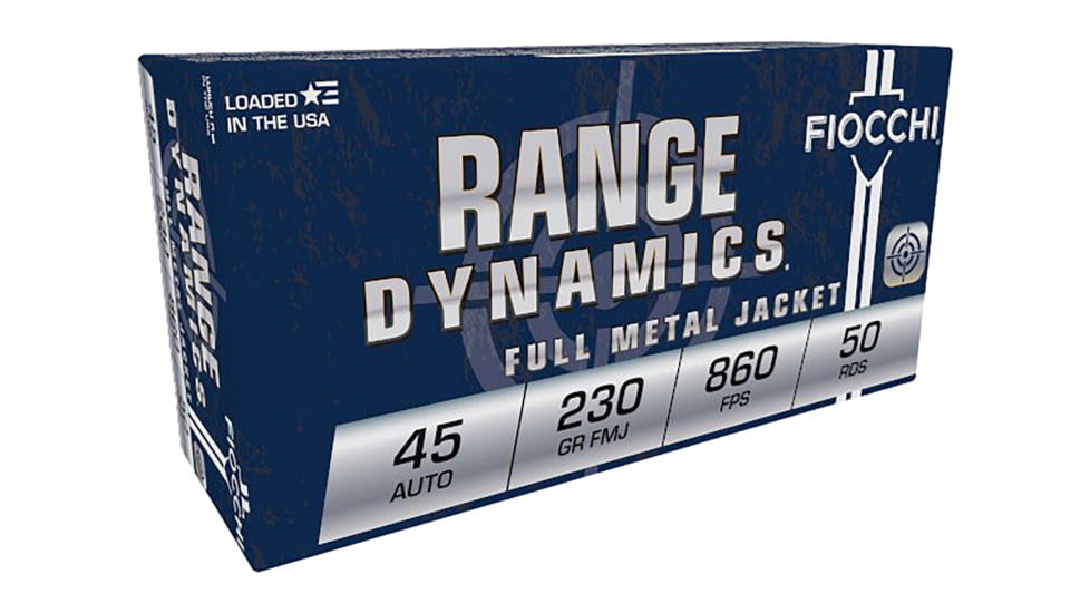 Fiocchi Range Dynamics .45 ACP 230 Grain Full Metal Jacket Brass Cased Pistol Ammo, 50 Rounds, 45A