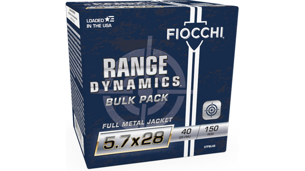Fiocchi Range Dynamics 5.7x28mm 40 Grain FMJ Brass Pistol Ammo, 150 Rounds, 57FMJ40