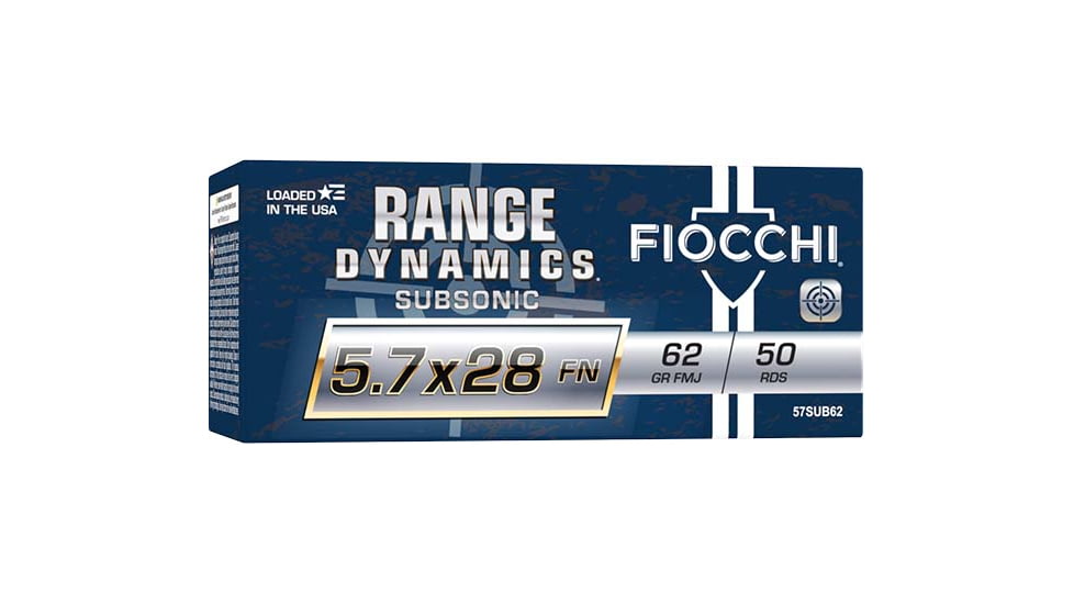 Fiocchi Range Dynamics 5.7x28mm 62 Grain FMJ Brass Cased Centerfire Pistol Ammo, 50 Rounds, 57SUB62