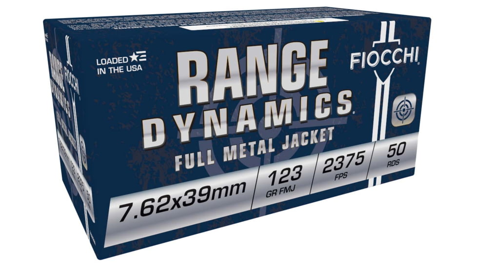 Fiocchi Range Dynamics 7.62x39mm 123 Grain FMJ Brass Rifle Ammo, 50 Rounds, 762X39A