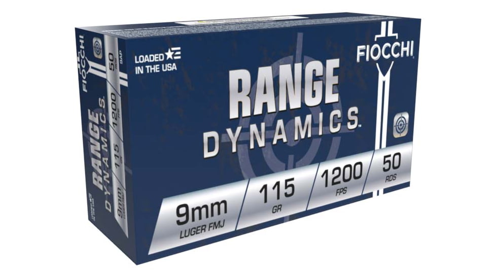 Fiocchi Range Dynamics 9mm 115 Grain FMJ Brass Centerfire Pistol Ammo, 50 Rounds, 9AP