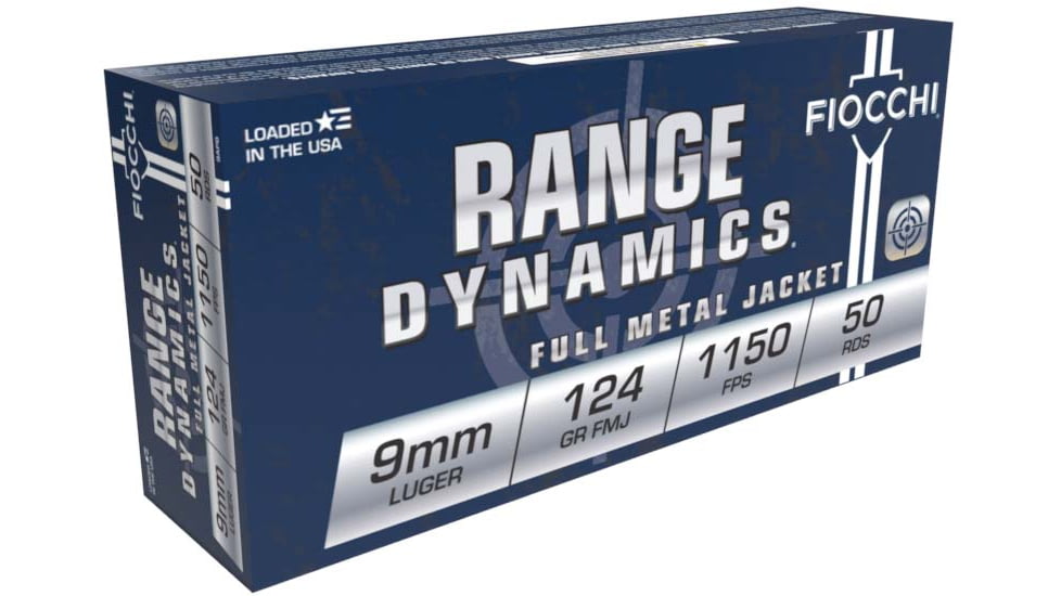 Fiocchi Range Dynamics 9mm 124 Grain FMJ Brass Pistol Ammo, 50 Rounds, 9APB