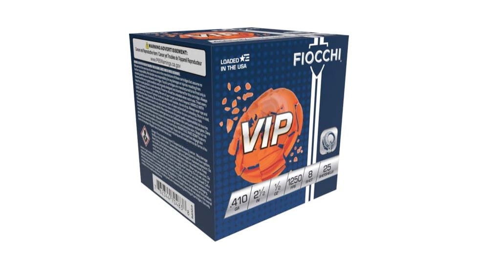 Fiocchi VIP 410 Gauge 1/2oz 2.5in 8 Shot Shotgun Ammo, 25 Rounds, 410VIP8