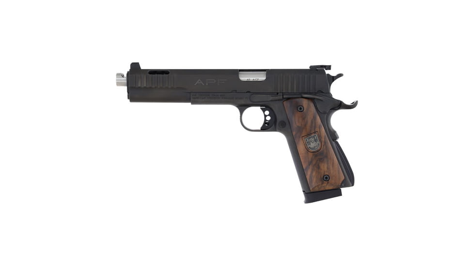 APF Armory Firemark AF Dueller Prismatic Semi Auto Pistol, 45 ACP, 5 in Double Barrel, Adjustable Sight, Steel Walnut/Black Frame, Wood Grip, 2-Mag, 14 Round Capacity, AFDP-45-BK-14-FRRMPG