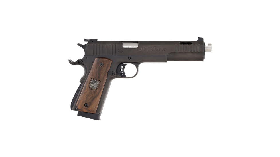 APF Armory Firemark AF Dueller Prismatic Semi Auto Pistol, 45 ACP, 5 in Double Barrel, Adjustable Sight, Steel Walnut/Black Frame, Wood Grip, 2-Mag, 14 Round Capacity, AFDP-45-BK-14-FRRMPG