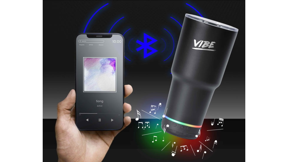 Fireside Outdoor Vibe Tumbler with/ Water-Resistant Bluetooth Speaker, Black, 28oz, VIBE-28-BLK