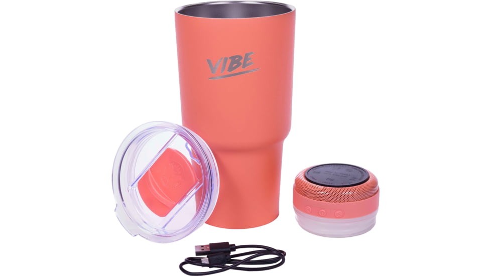 Fireside Outdoor Vibe Tumbler with/ Water-Resistant Bluetooth Speaker, Coral, 28oz, VIBE-28-COR