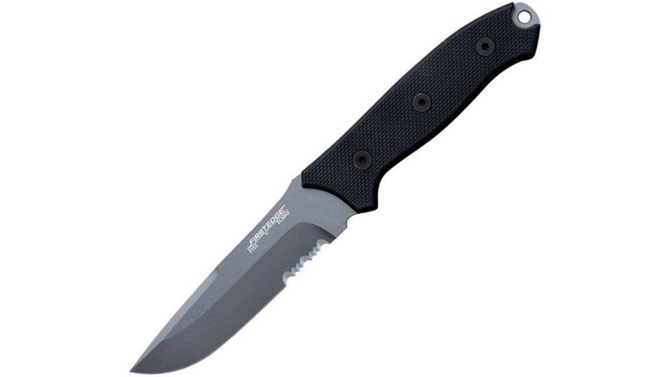 First Edge Elite Field Fixed Blade Knife Serrated Edge, Elmax Bead Blast Blade, Coarse Black, 5155-BBB