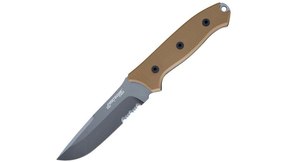 First Edge Elite Field Fixed Blade Knife Serrated Edge, Elmax Bead Blast Blade, Coarse Tan, 5155-BBT