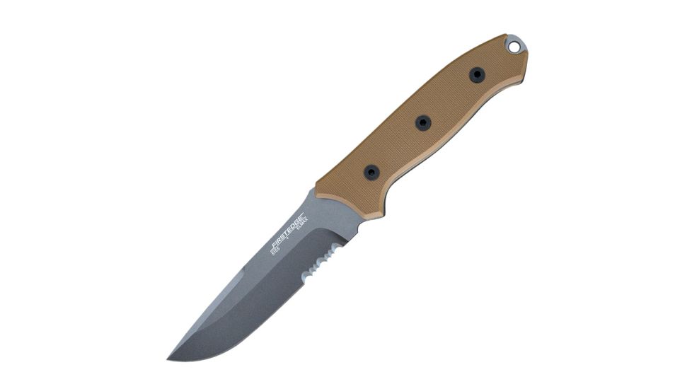 First Edge Elite Field Fixed Blade Knife Serrated Edge, Elmax Bead Blast Blade, Coarse Tan, 5155-BBT