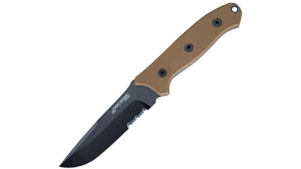 First Edge Elite Field Fixed Blade Knife Serrated Edge, Elmax Black Oxide Blade, Coarse Green, 5155-BLG