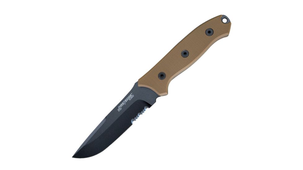 First Edge Elite Field Fixed Blade Knife Serrated Edge, Elmax Black Oxide Blade, Coarse Tan, 5155-BLT