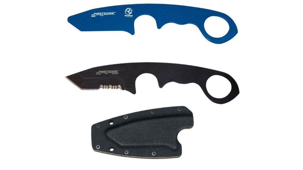 First Edge HR-1 Kit Tanto Serrated Edge Fixed Blade Knife, Blue Trainer, Sheath, Black, 4881