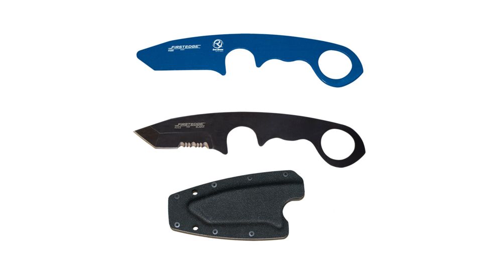 First Edge HR-1 Kit Tanto Serrated Edge Fixed Blade Knife, Blue Trainer, Sheath, Black, 4881