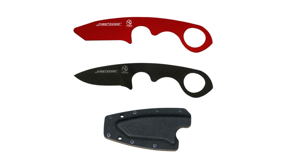 First Edge HR-2 Kit Droppoint Fine Edge Fixed Blade Knife, Trainer, Sheath, Red/Black, 4886