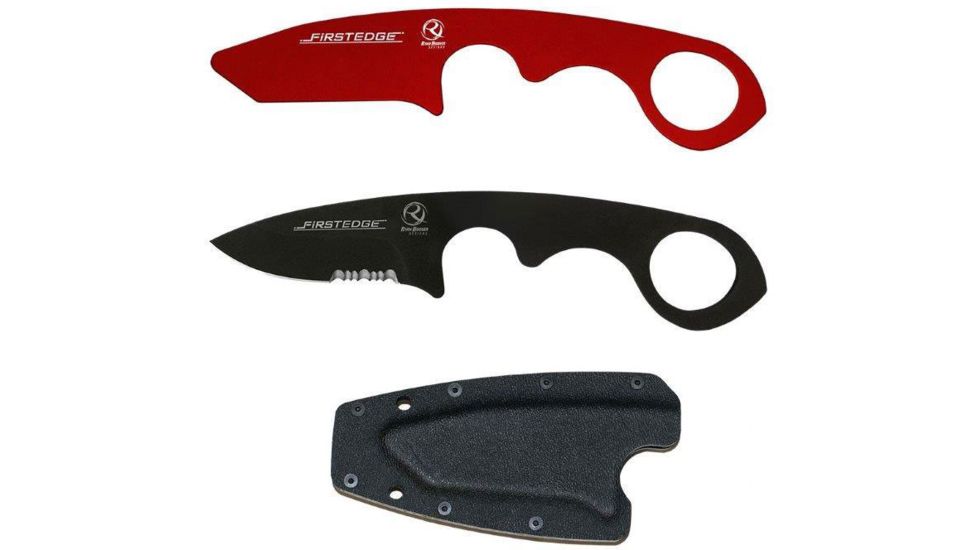 First Edge HR-2 Kit Droppoint Serrated Edge Fixed Blade Knife, Trainer, Sheath, Red/Black, 4887