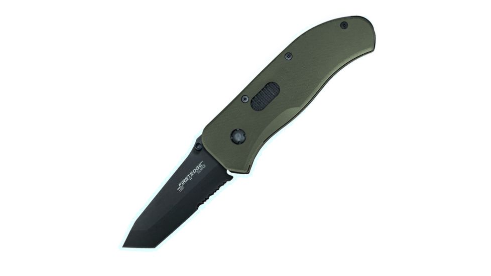 First Edge Hrk Tanto Fixed Blade Knife Serrated Edge, Elmax Black Oxide Blade, Coarse Green, 11055-BLG