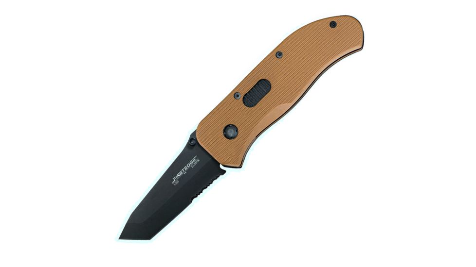First Edge Hrk Tanto Fixed Blade Knife Serrated Edge, Elmax Black Oxide Blade, Coarse Tan, 11055-BLT