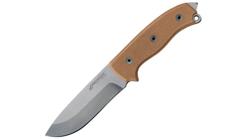 First Edge Survival Fixed Blade Knife Fine Edge, Elmax Bead Blast Blade, Coarse Tan, 5050-BBT