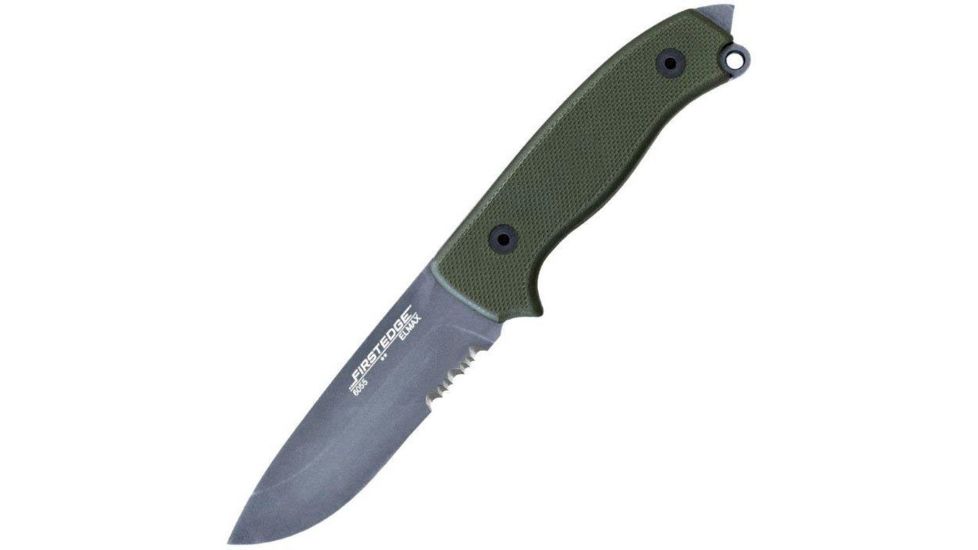 First Edge Tactical Fixed Blade Skinner Serrated Edge, Elmax Bead Blast Blade, Coarse Green, 6055-BBG