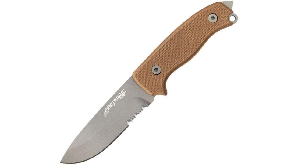 First Edge Tactical Fixed Blade Skinner Serrated Edge, Elmax Bead Blast Blade, Coarse Tan, 6055-BBT