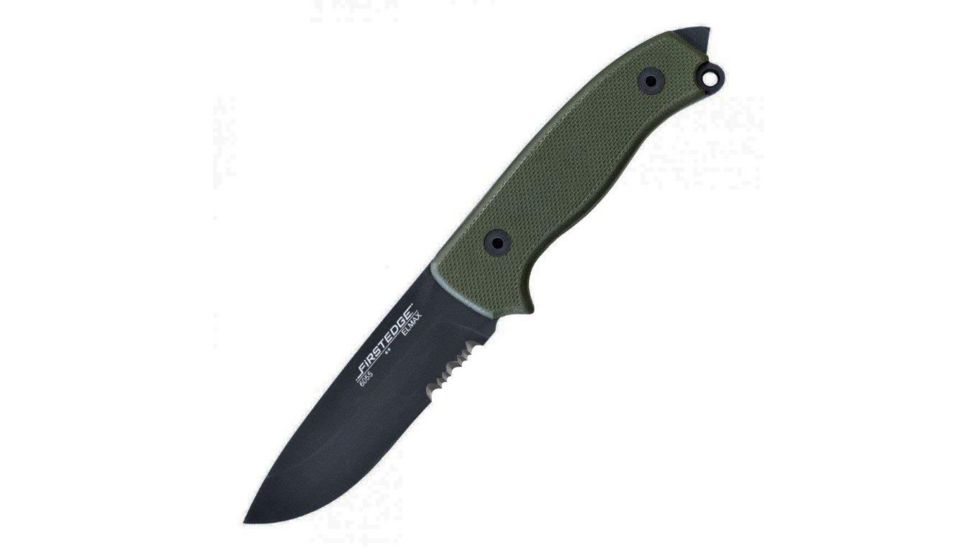 First Edge Tactical Fixed Blade Skinner Serrated Edge, Elmax Black Oxide Blade, Coarse Green, 6055-BLG