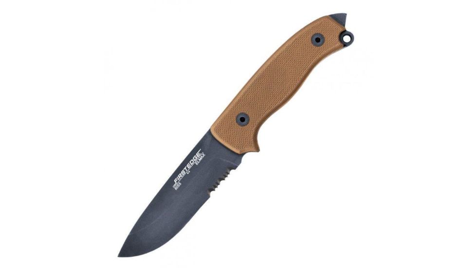 First Edge Tactical Fixed Blade Skinner Serrated Edge, Elmax Black Oxide Blade, Coarse Tan, 6055-BLT