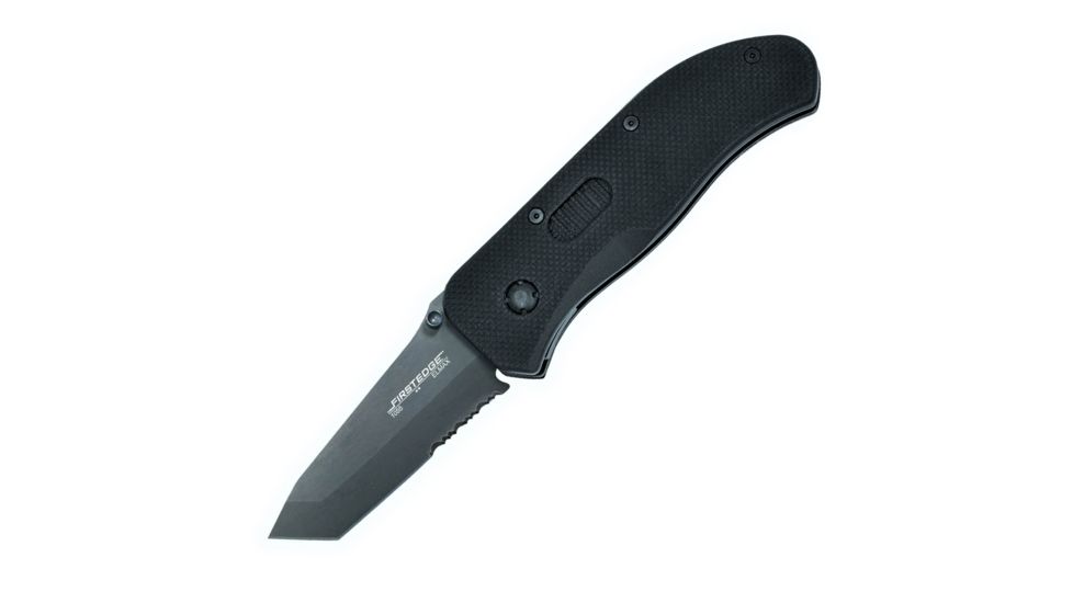 First Edge Tracklock Modified Tanto Folding Knife, Assisted Opening Serrated Edge, Elmax Bead Blast Blade, Coarse Black 1055-BBB