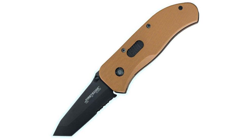 First Edge Tracklock Modified Tanto Folding Knife, Assisted Opening Serrated Edge, Elmax Black Oxide Blade, Coarse Green, 1055-BLG