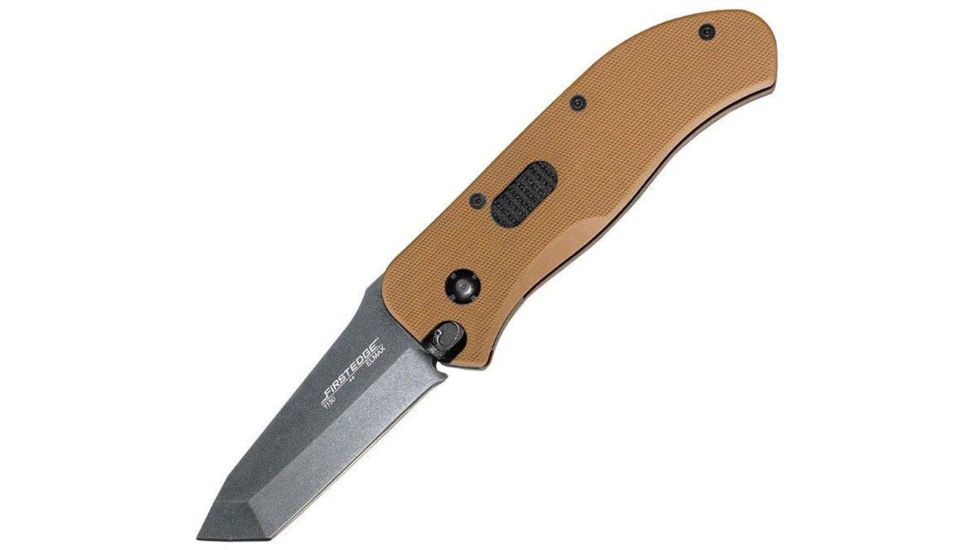 First Edge Tracklock Modified Tanto Folding Knife, Auto Opening Fine Edge, Elmax Bead Blast Blade, Coarse Black, 1150-BBB