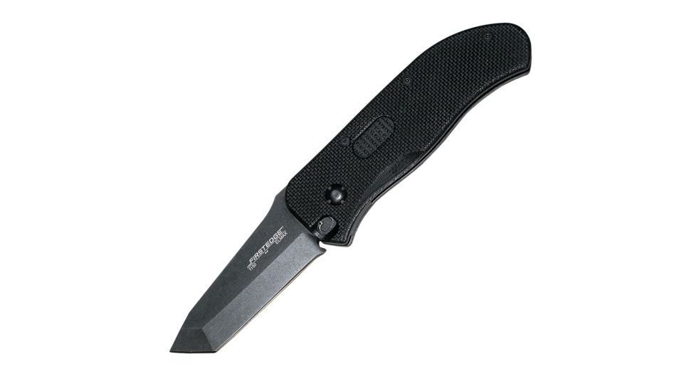 First Edge Tracklock Modified Tanto Folding Knife, Auto Opening Fine Edge, Elmax Bead Blast Blade, Coarse Black 1150-BBB