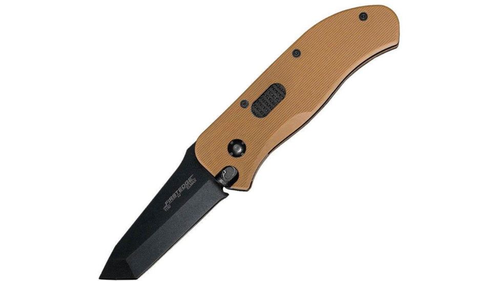 First Edge Tracklock Modified Tanto Folding Knife, Auto Opening Fine Edge, Elmax Black Oxide Blade, Coarse Green, 1150-BLG