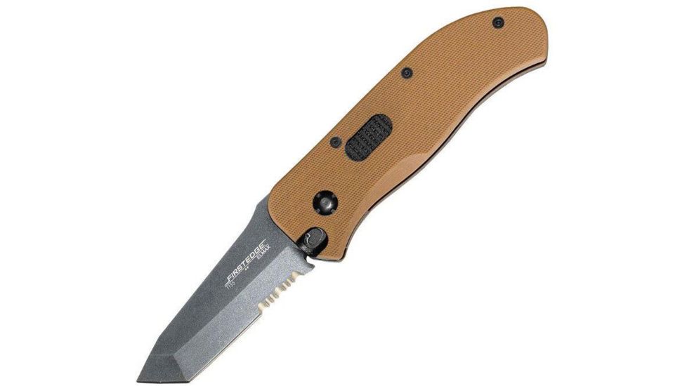 First Edge Tracklock Modified Tanto Folding Knife, Auto Opening Serrated Edge, Elmax Bead Blast Blade, Coarse Black, 1155-BBB