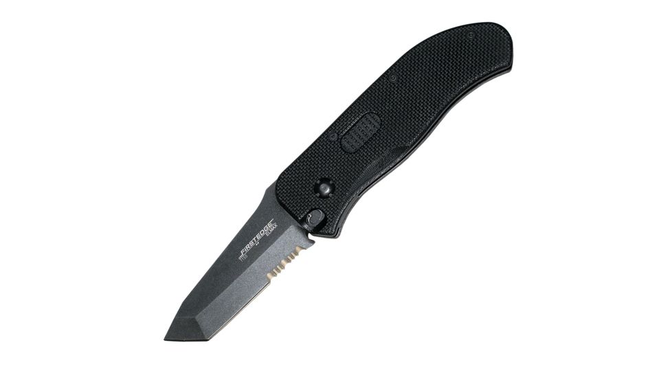 First Edge Tracklock Modified Tanto Folding Knife, Auto Opening Serrated Edge, Elmax Bead Blast Blade, Coarse Black 1155-BBB